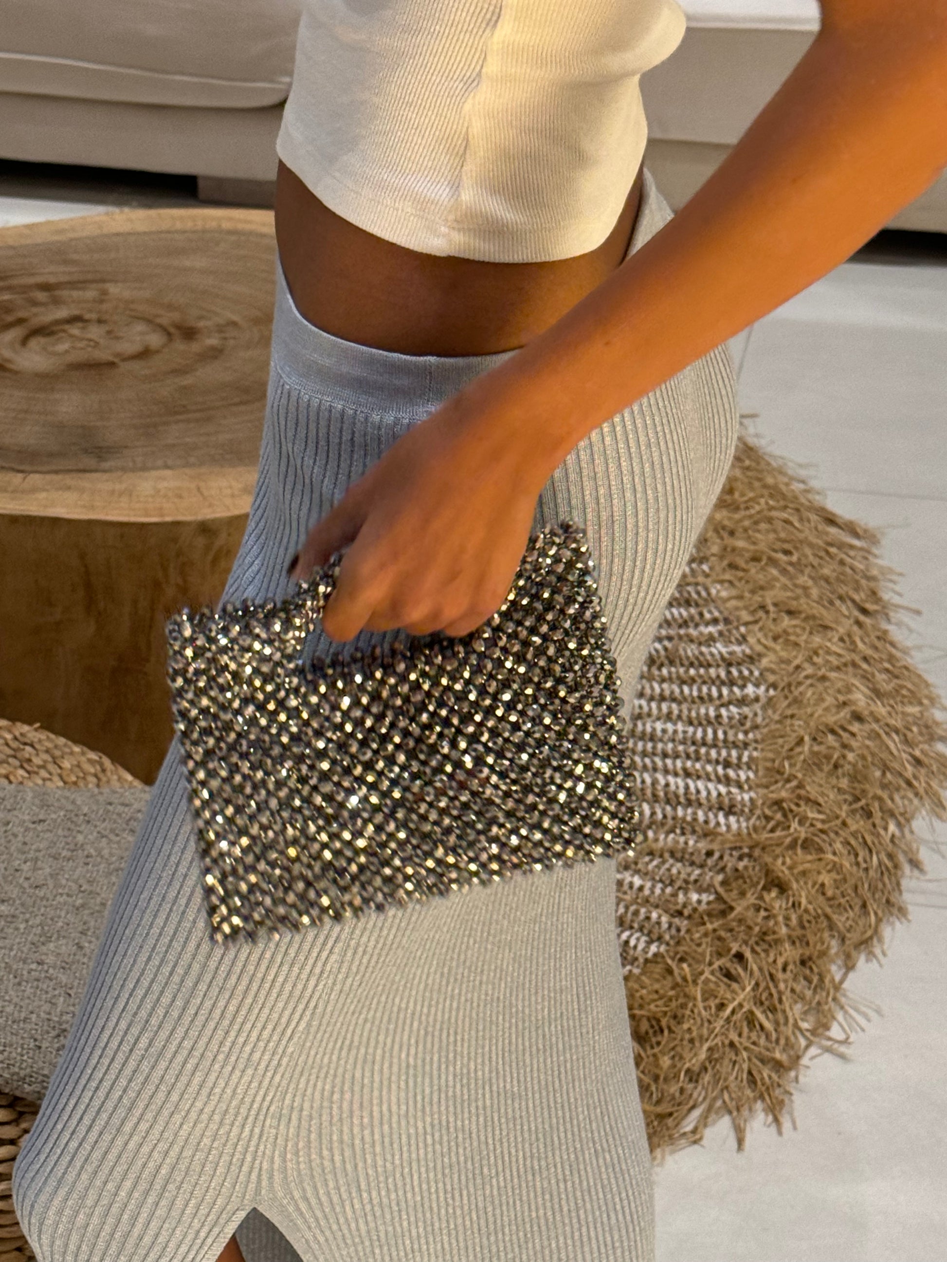 Silver beaded clutch