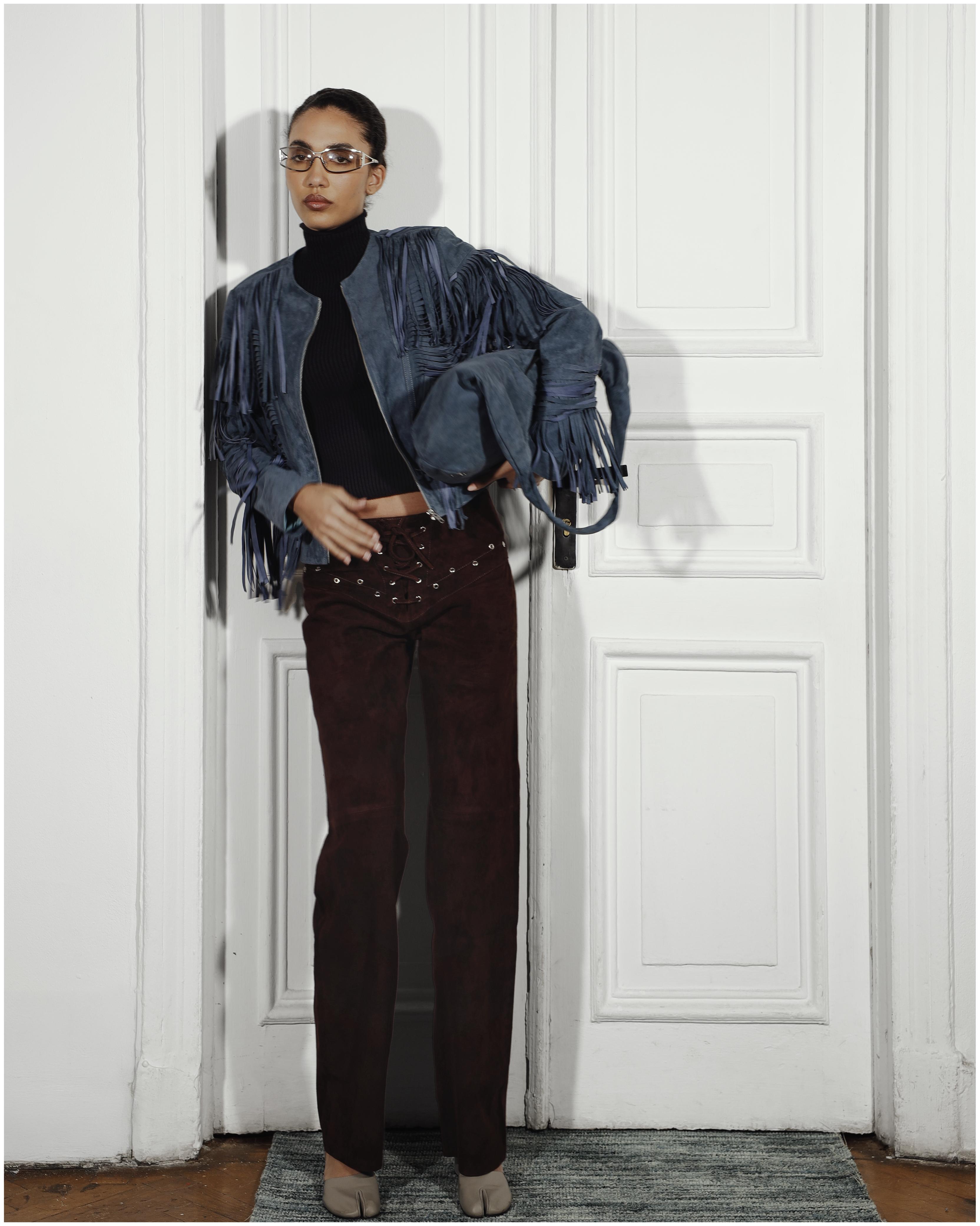 Color harapeco Color Suede blouson-Blue Green Suede Blouson | harapeco